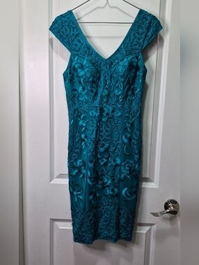 Sue Wong Teal Embroidered V-Neck Midi Dress
